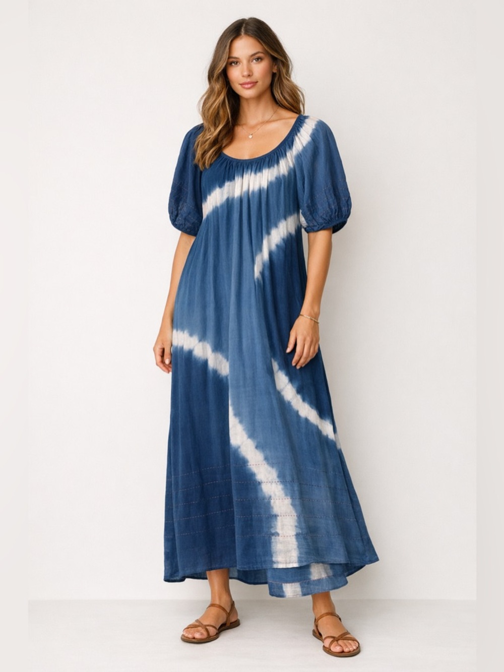 Sundry Bubble Sleeve Maxi Dress Deep Sea Tie Dye XS Blue Boho Puff Sleeve Cotton